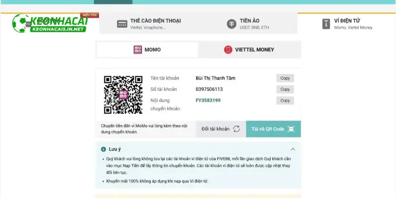 Nạp - rút tiền tại Five88